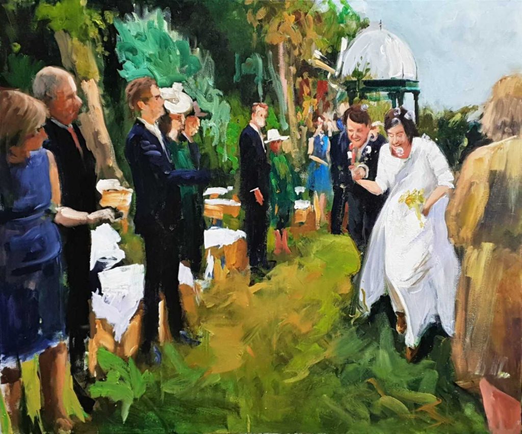 Rob Jacobs schildert doek van 100x120cm tijdens het trouwfeest in Kaag, Zuid-Holland.