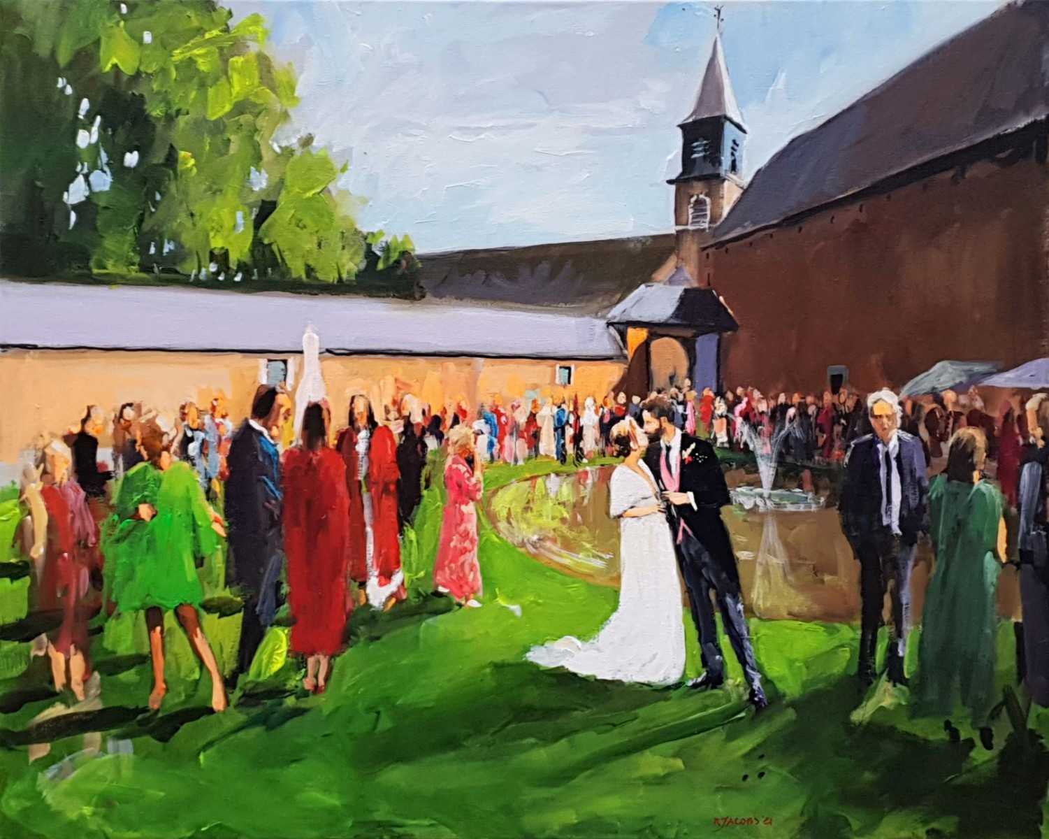 Rob Jacobs schildert doek van 80x100cm tijdens de bruiloft in Eghezee, Waals-Brabant.