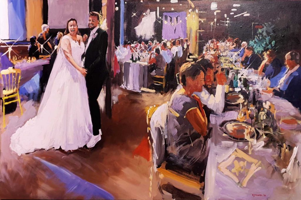 Rob Jacobs schildert doek van 100x150cm tijdens de bruiloft in Leiden, Zuid-Holland.