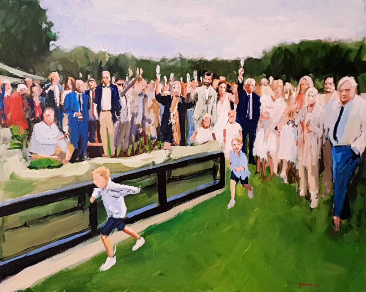 Rob Jacobs schildert doek van 80x100cm tijdens de trouwceremonie in Bergschehoek, Zuid-Holland.