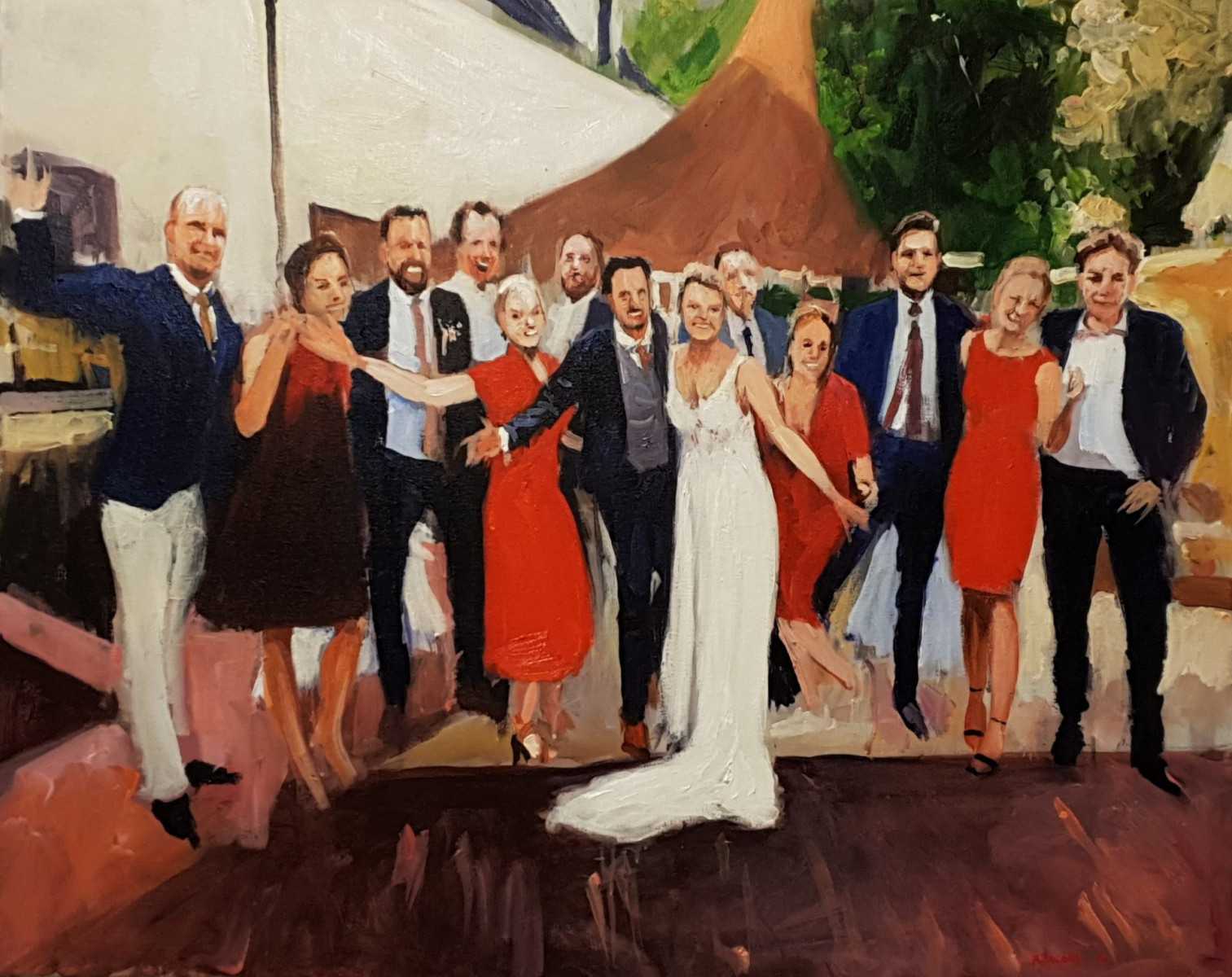 Rob Jacobs schildert doek van 80x100cm tijdens het trouwfeest in Nijkerk, Gelderland.