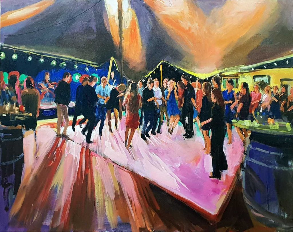 Rob Jacobs schildert doek van 80x100cm tijdens het trouwfeest in Ettenleur, Noord-Brabant.