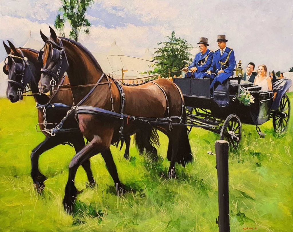 Rob Jacobs schildert doek van 80x100cm tijdens de bruiloft in Groesbeek, Gelderland.