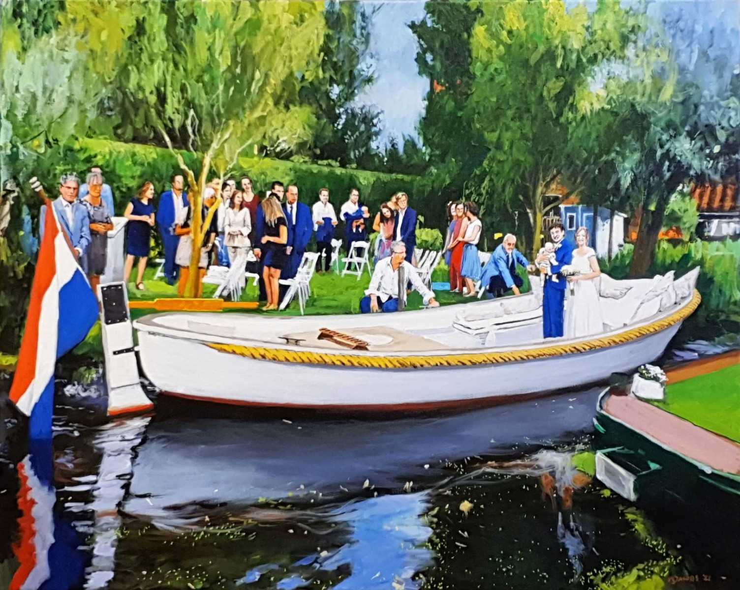 Rob Jacobs schildert doek van 80x100cm tijdens het familiefeest in Oude Ade, Zuid-Holland.
