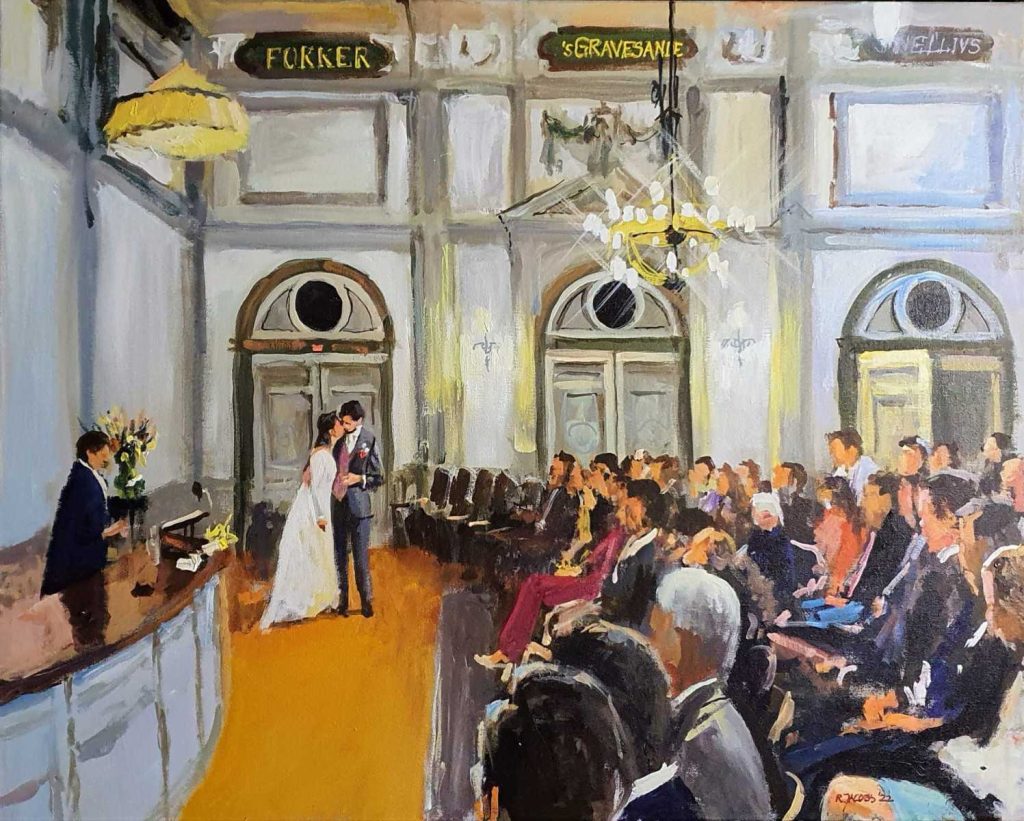 Rob Jacobs schildert doek van 80x100cm tijdens de ceremonie in Haarlem, Noord-Holland.