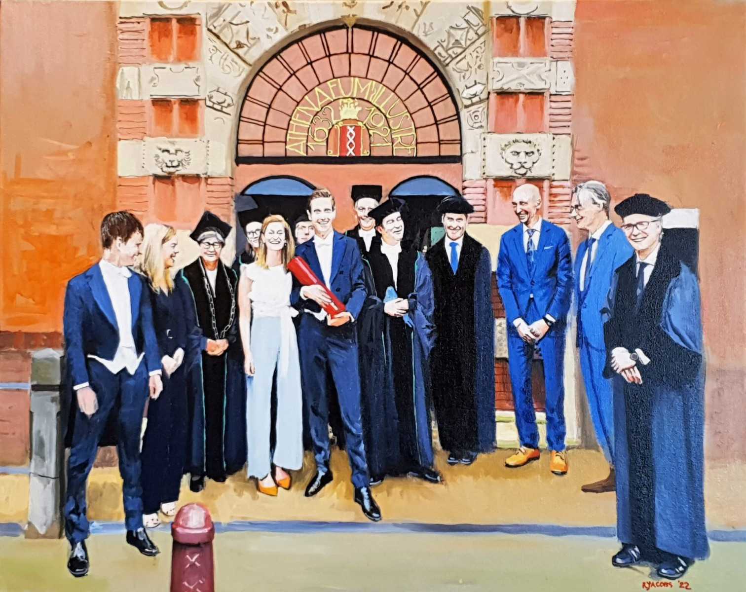 Rob Jacobs schildert doek van 80x100cm tijdens de diploma-uitreiking in Amsterdam, Noord-Holland.