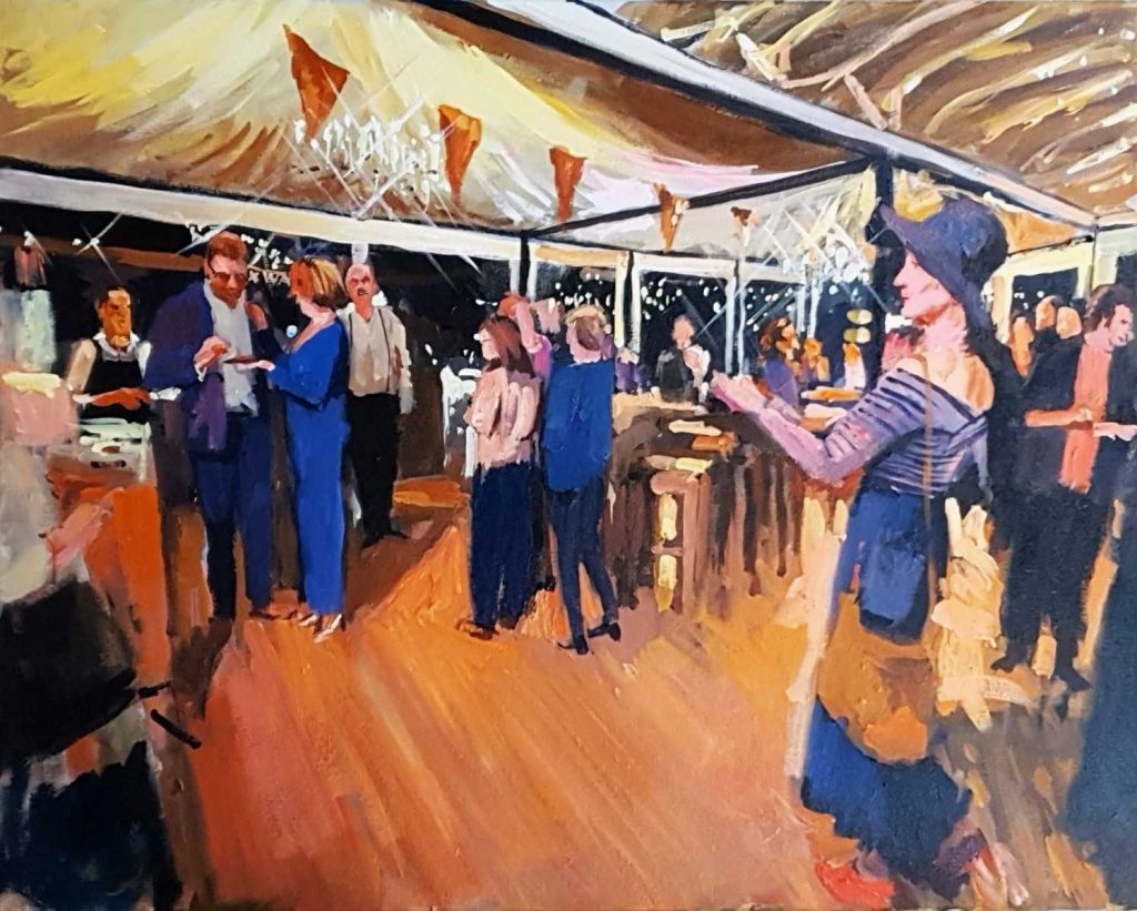 Rob Jacobs schildert doek van 80x100cm tijdens het feest in Ommen, Overijssel.