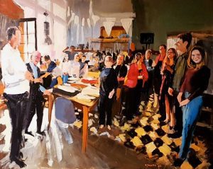 Rob Jacobs schildert doek van 80x100cm tijdens het feest in Cromvoirt, Noord-Brabant.