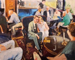 Rob Jacobs schildert doek van 80x100cm tijdens de trouwerij in Rotterdam, Zuid-Holland.