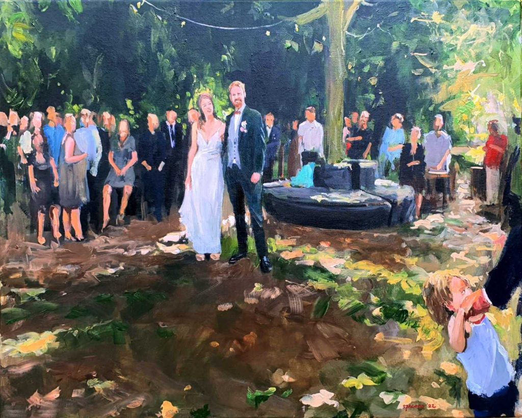 Rob Jacobs schildert doek van 80x100cm tijdens de bruiloft in Loosbroek, Noord-Brabant.