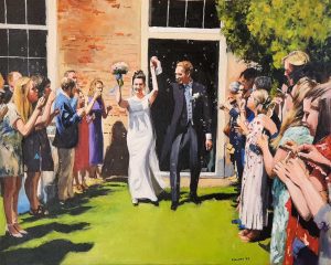 Rob Jacobs schildert doek van 80x100cm tijdens de bruiloft in Delft, Zuid-Holland.