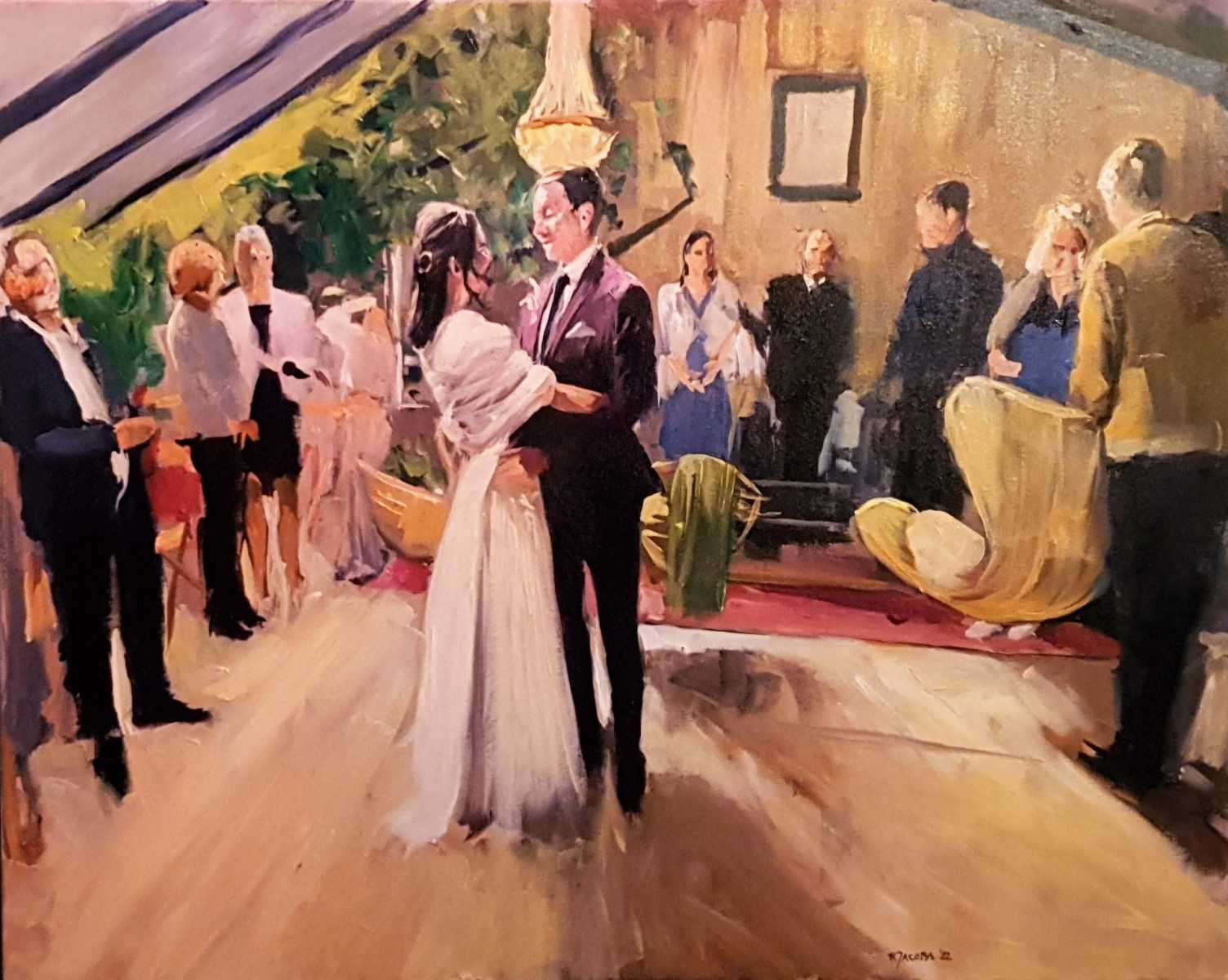 Rob Jacobs schildert doek van 80x100cm tijdens de bruiloft in Leiderdorp, Zuid-Holland.