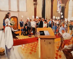 Rob Jacobs schildert doek van 80x100cm tijdens de ceremonie in Tilburg, Noord-Brabant.