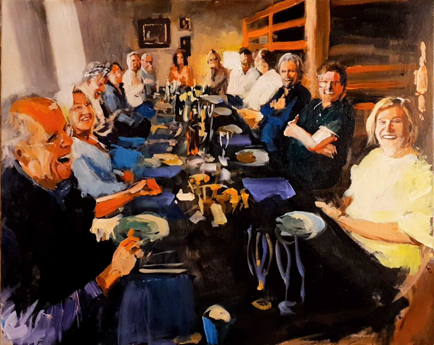Rob Jacobs schildert doek van 80x100cm tijdens het diner in Bergen-op-Zoom, Noord-Brabant.