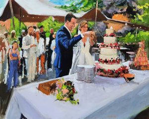 Rob Jacobs schildert doek van 80x100cm tijdens het taart aansnijden in Wijk bij Duurstede, Utrecht.