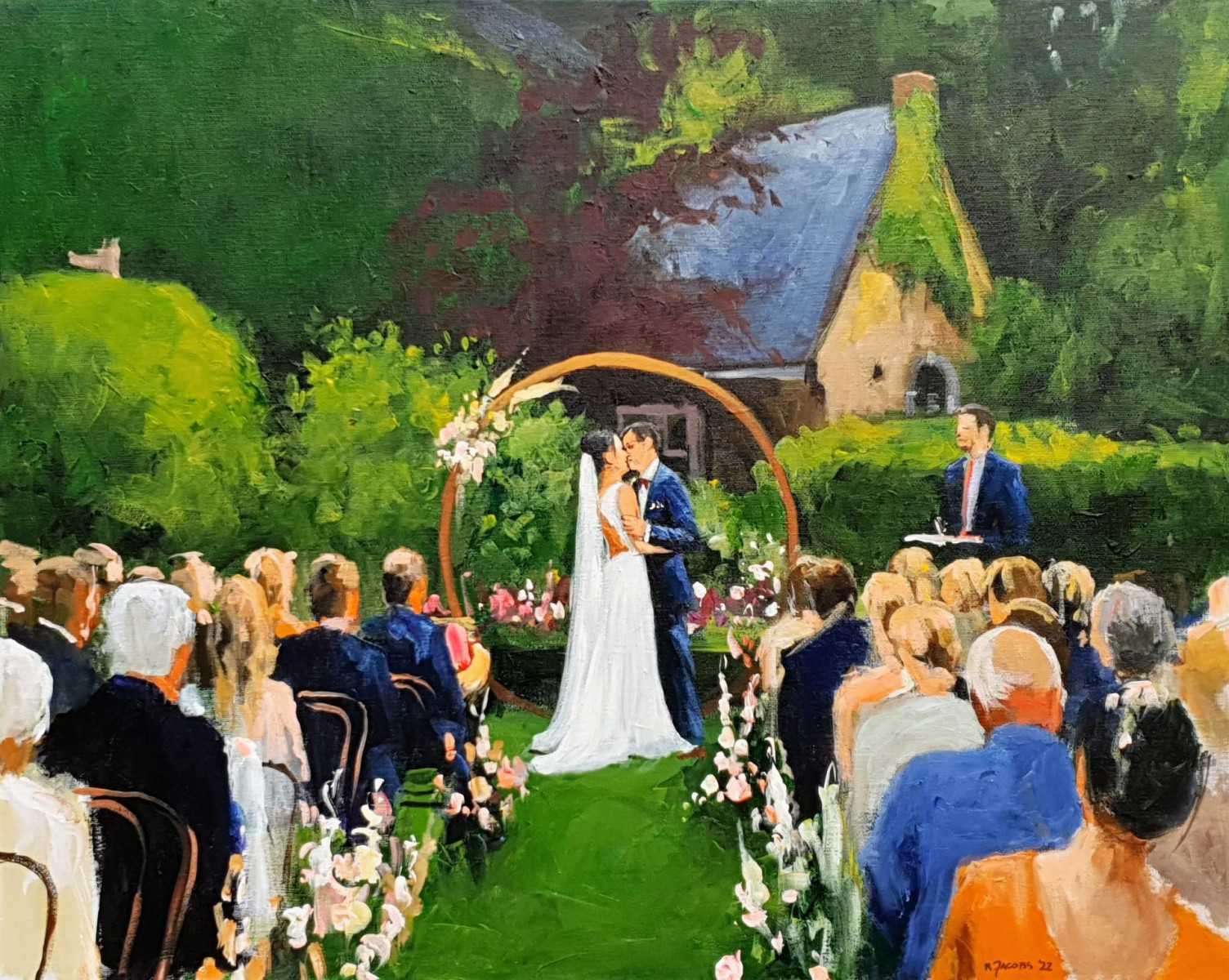Rob Jacobs schildert doek van 80x100cm tijdens de trouwceremonie in StEtienne, Brussel.
