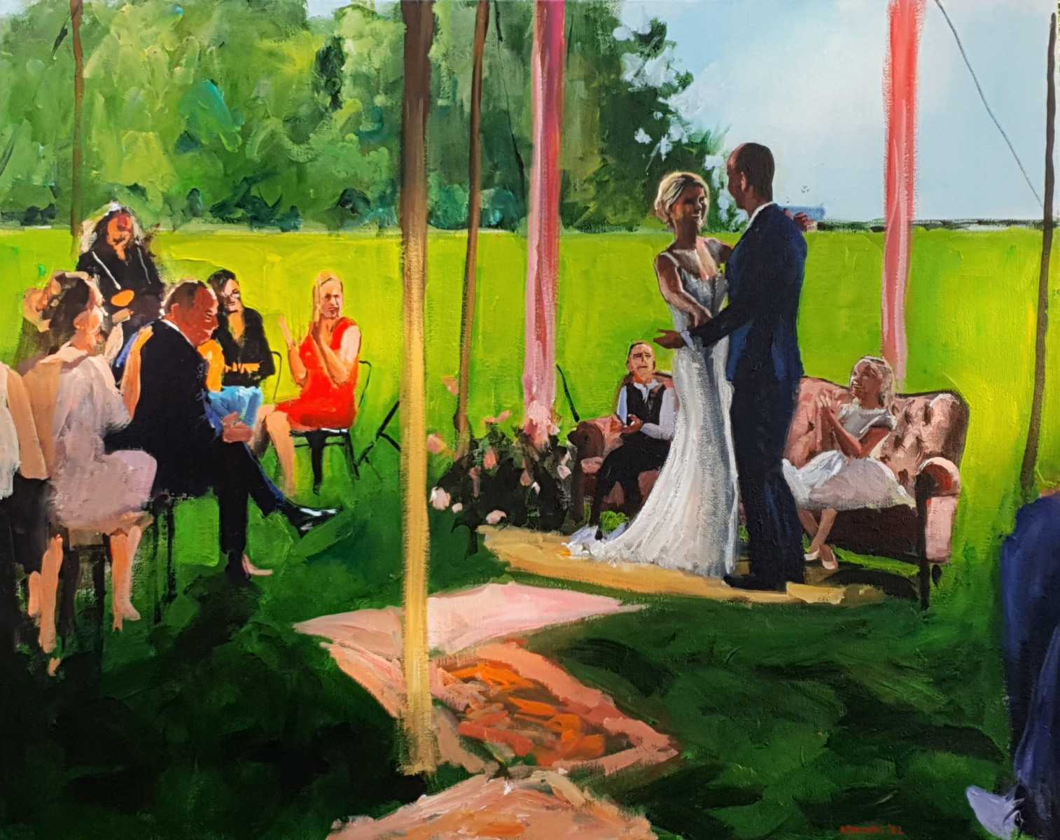 Rob Jacobs schildert doek van 80x100cm tijdens de trouwceremonie in Westhem, Friesland.