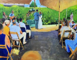 Rob Jacobs schildert doek van 80x100cm tijdens de trouwceremonie in Asperen, Gelderland.