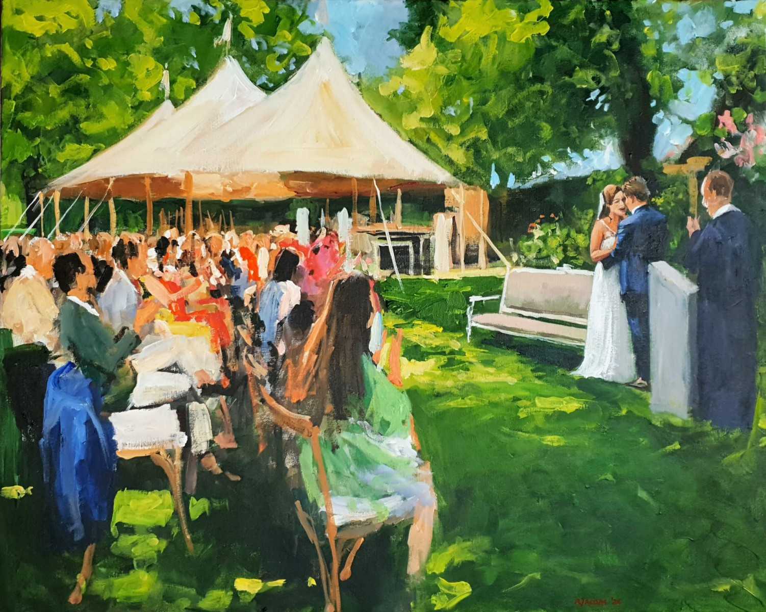 Rob Jacobs schildert doek van 80x100cm tijdens de trouwceremonie in Rockanje, Zuid-Holland.