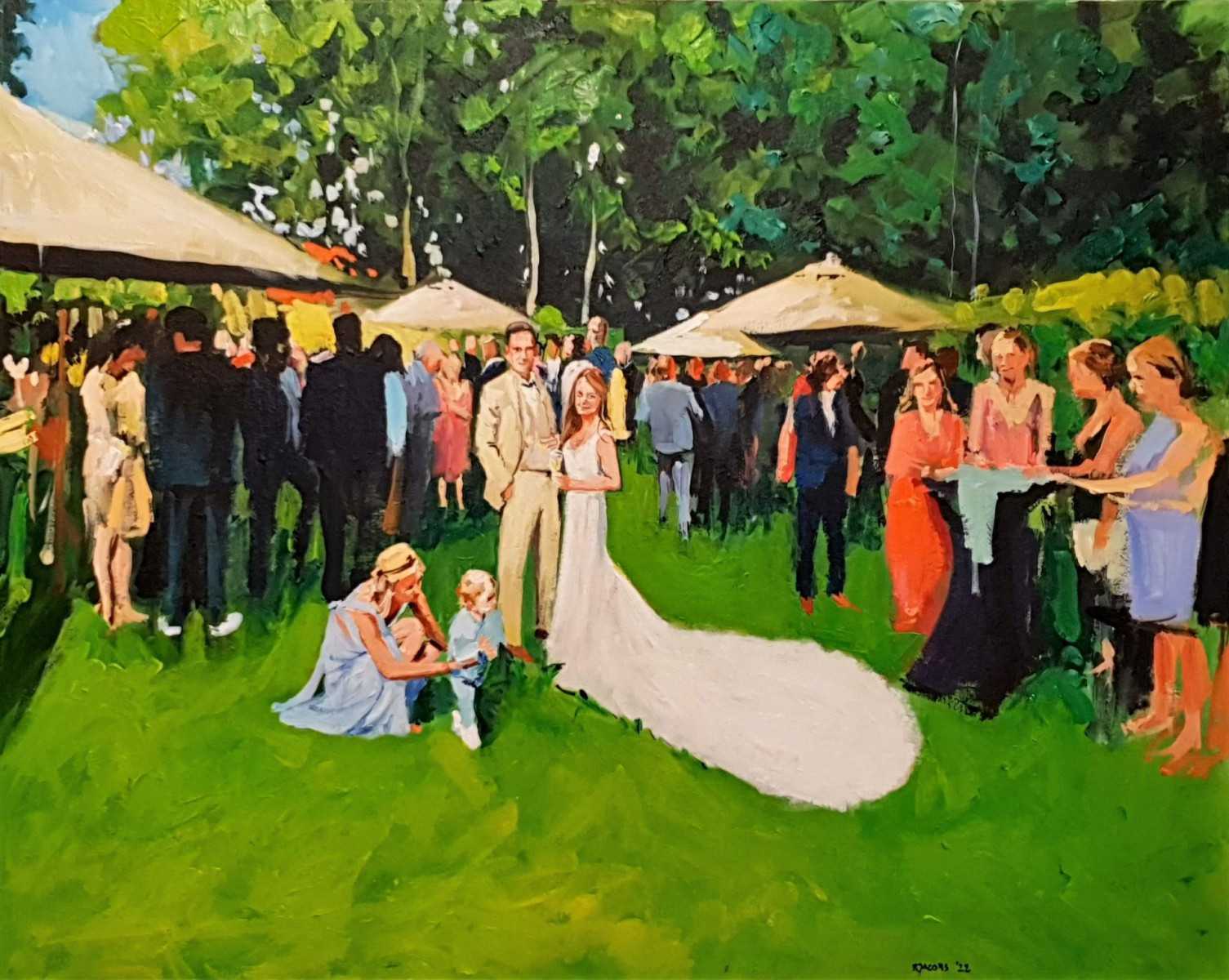 Rob Jacobs schildert doek van 80x100cm tijdens de bruiloft in Kallo, Oost-Vlaanderen.
