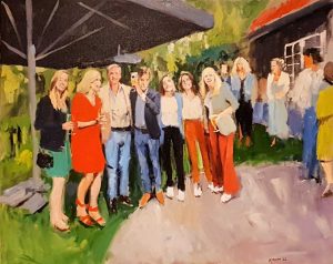 Rob Jacobs schildert doek van 80x100cm tijdens het feest in Riethoven, Noord-Brabant.