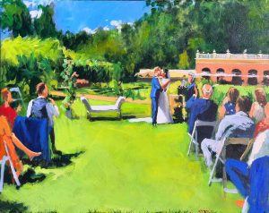 Rob Jacobs schildert doek van 80x100cm tijdens de trouwceremonie in Arnhem, Gelderland.