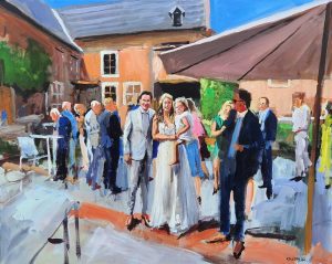 Rob Jacobs schildert doek van 80x100cm tijdens de trouwerij in Heers, Limburg.