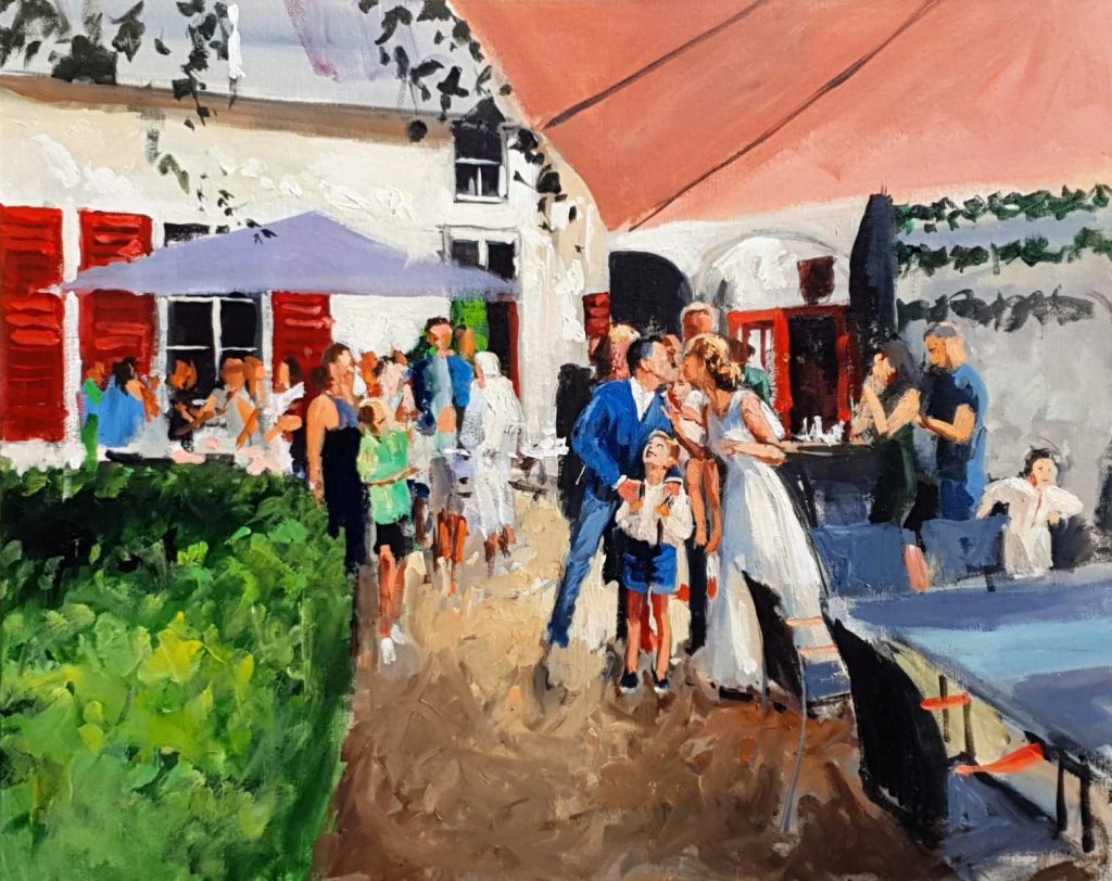 Rob Jacobs schildert doek van 80x100cm tijdens het trouwfeest in Mill, Noord-Brabant.