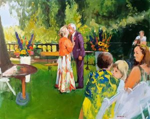 Rob Jacobs schildert doek van 80x100cm tijdens het jubileum in DeSteegh, Gelderland.