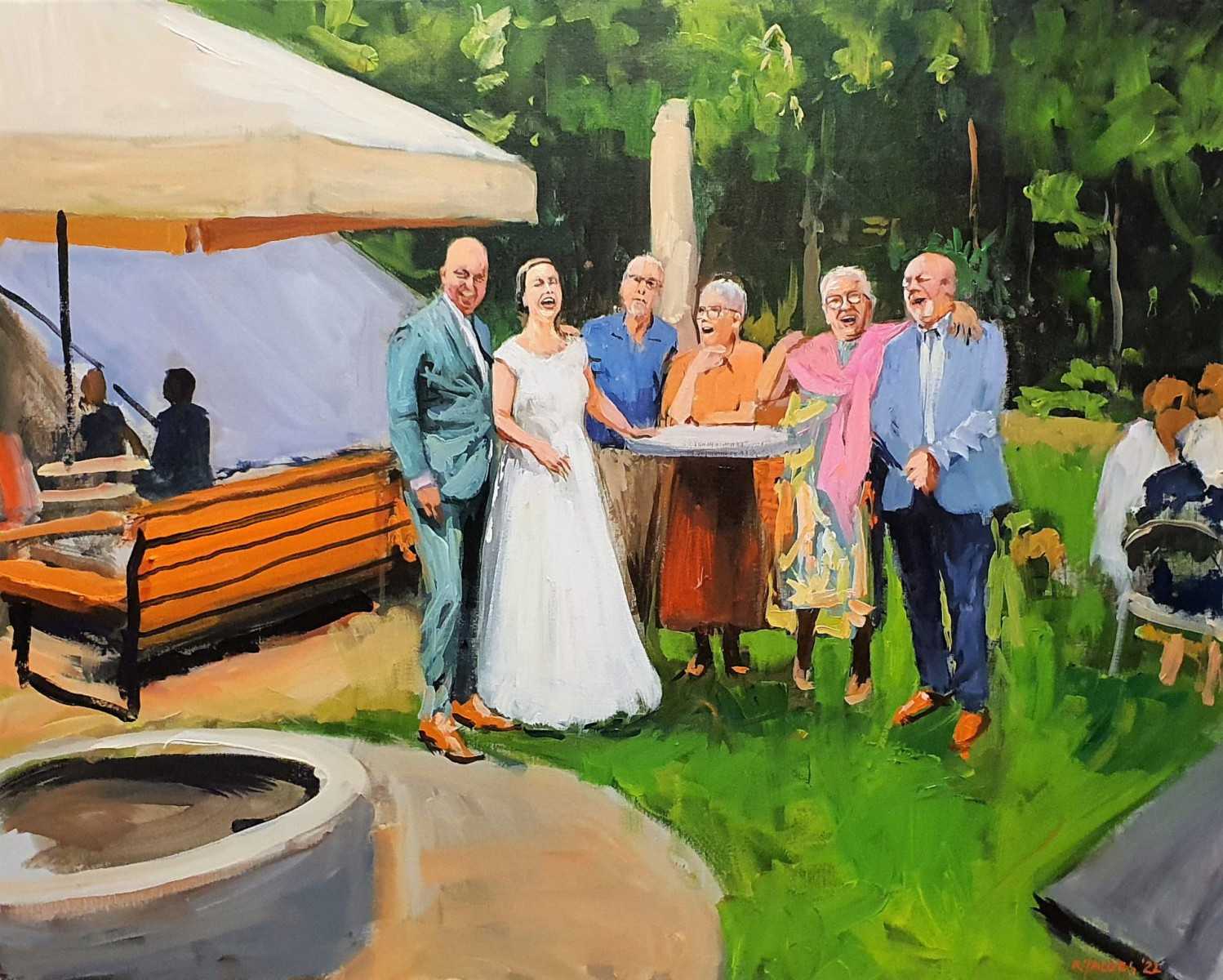 Rob Jacobs schildert doek van 80x100cm tijdens de trouwceremonie in Hemrik, Friesland.