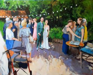 Rob Jacobs schildert doek van 80x100cm tijdens het trouwfeest in Noordbroek, Groningen.