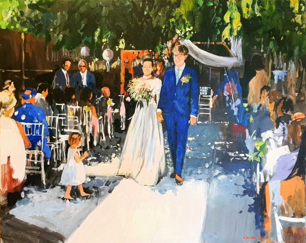 Rob Jacobs schildert op een doek van 80x100cm tijdens de trouwceremonie in Duisburg, Duitsland.