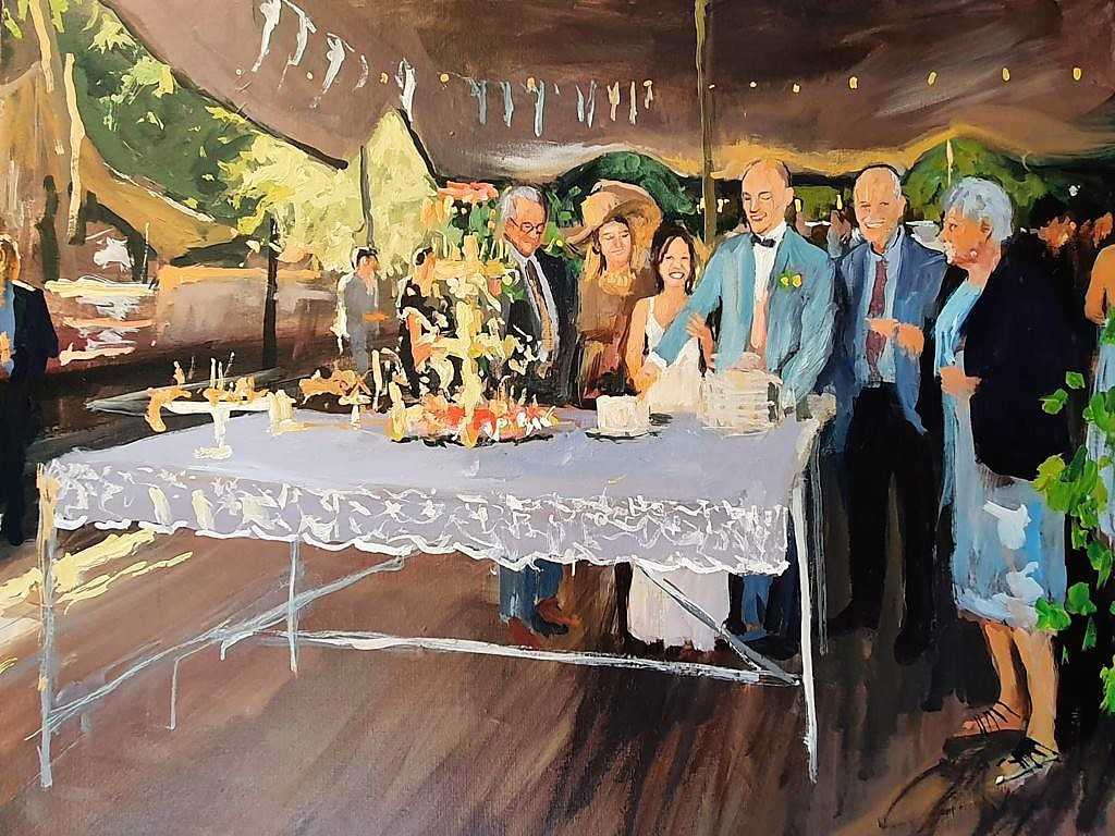 Rob Jacobs schildert doek van 80x100cm in Noord-Brabant te Den Hout tijdens een bruiloft.