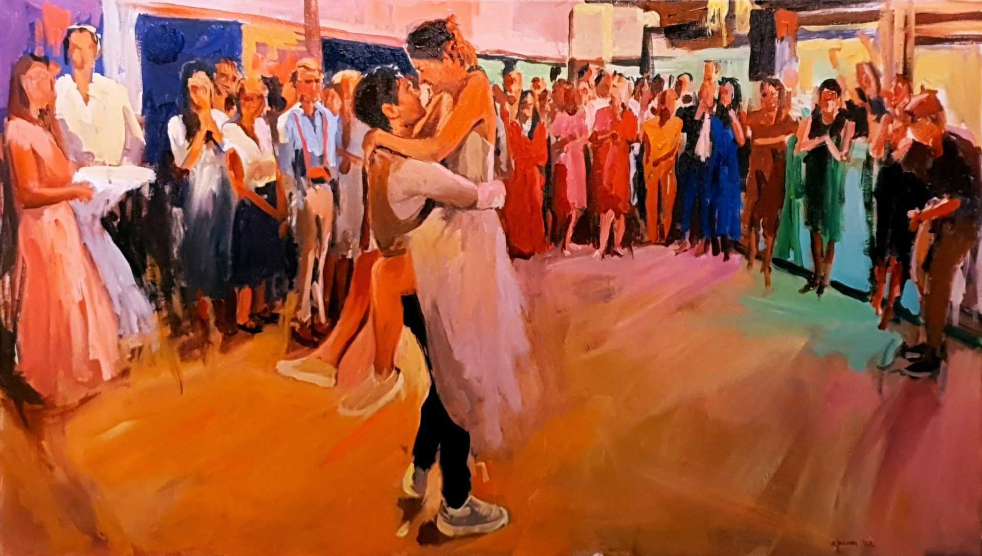 Rob Jacobs schildert doek van 80x140cm in Zuid-Holland te Den Haag tijdens van de eerste dans.