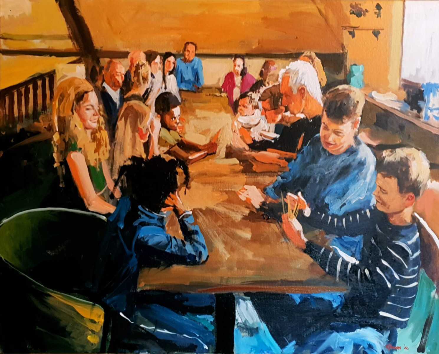 Geniet van familiemomenten tijdens deze bijeenkomst in Diemen, Noord-Holland, met dit schilderij van Rob Jacobs.