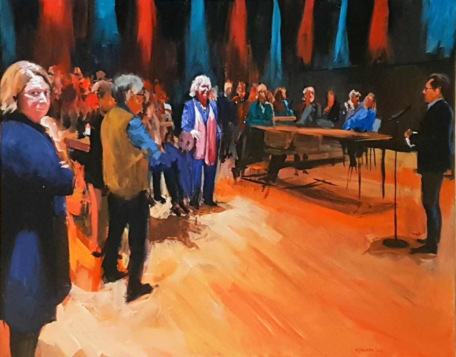 Rob Jacobs schildert doek van 80x100cm tijdens warme bijeenkomstmomenten in Alkmaar, Noord-Holland.