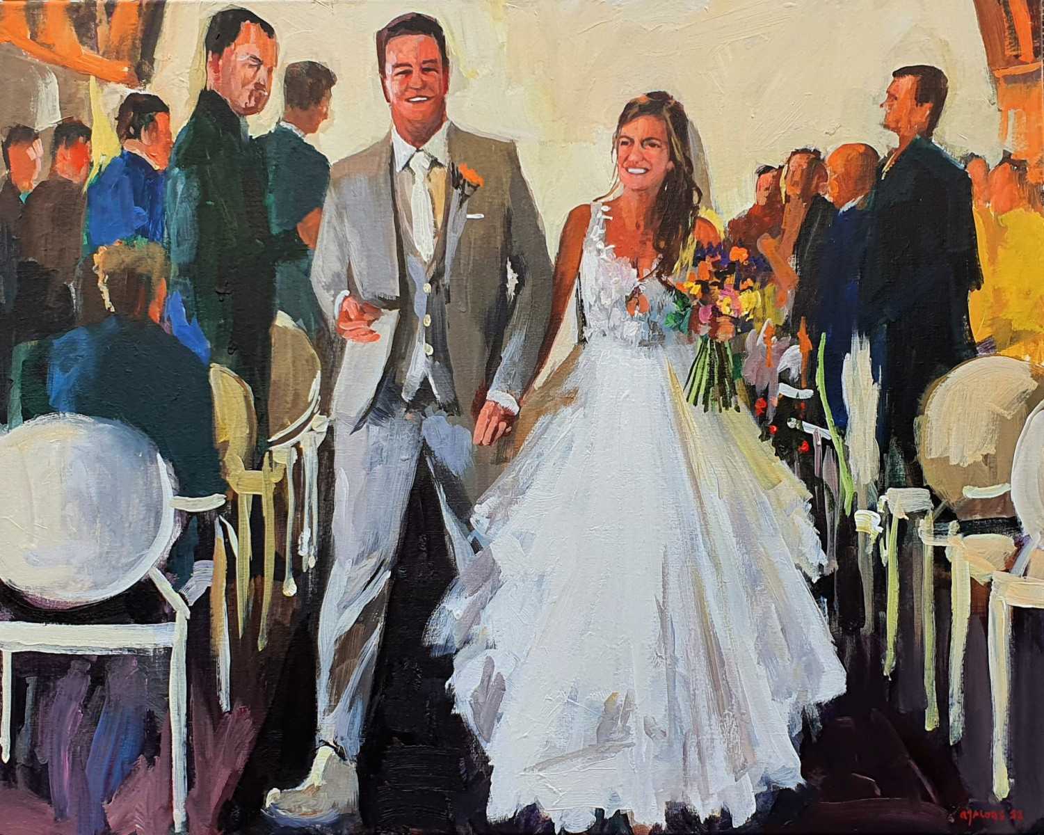 Rob Jacobs schildert doek van 80x100cm tijdens een vreugdevolle bruiloft in Woerden, Utrecht.