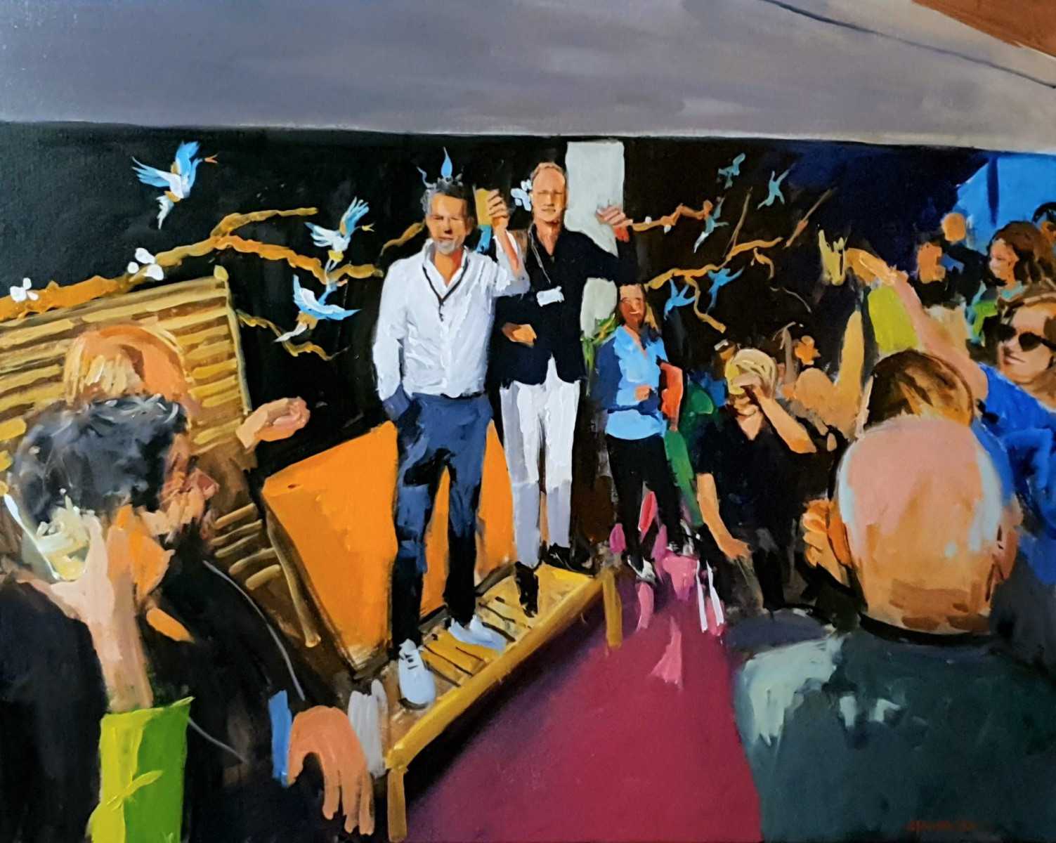 Rob Jacobs schildert doek van 80x100cm tijdens een feestelijke toost in Amsterdam, Noord-Holland.