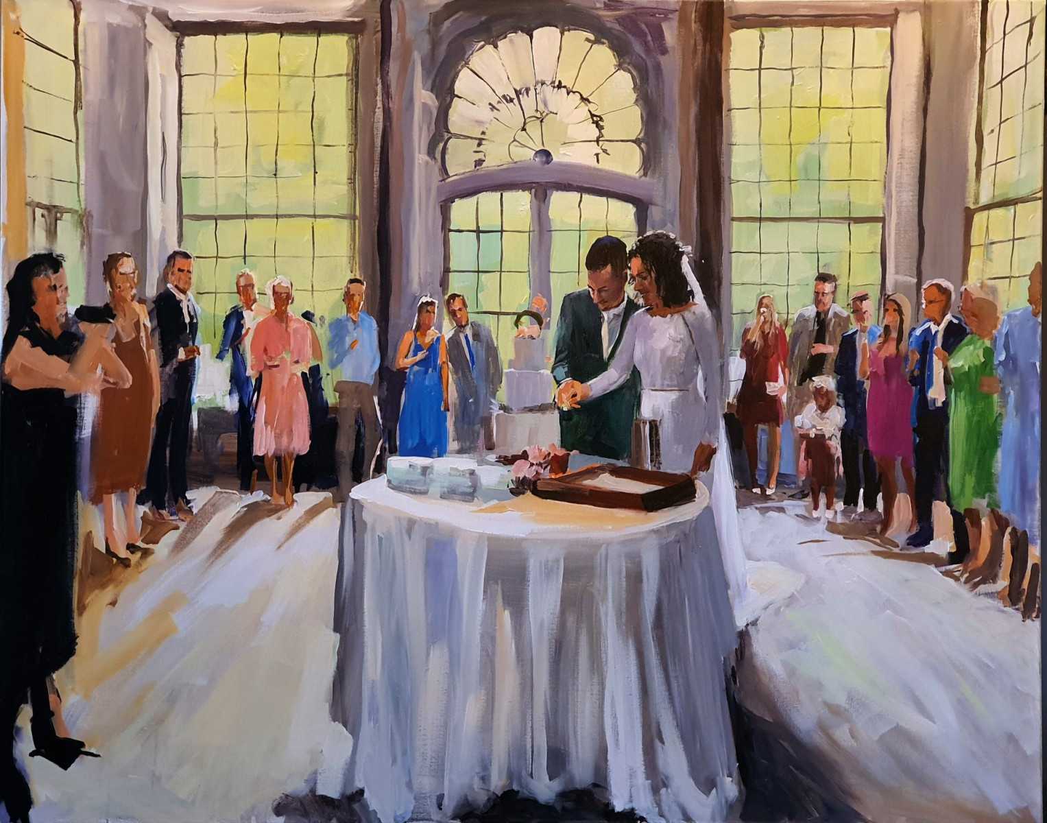 Ervaar de magie van het moment en proef de liefde terwijl Rob Jacobs live schildert tijdens het aansnijden van de taart op deze bruiloft in Driebergen, Utrecht.