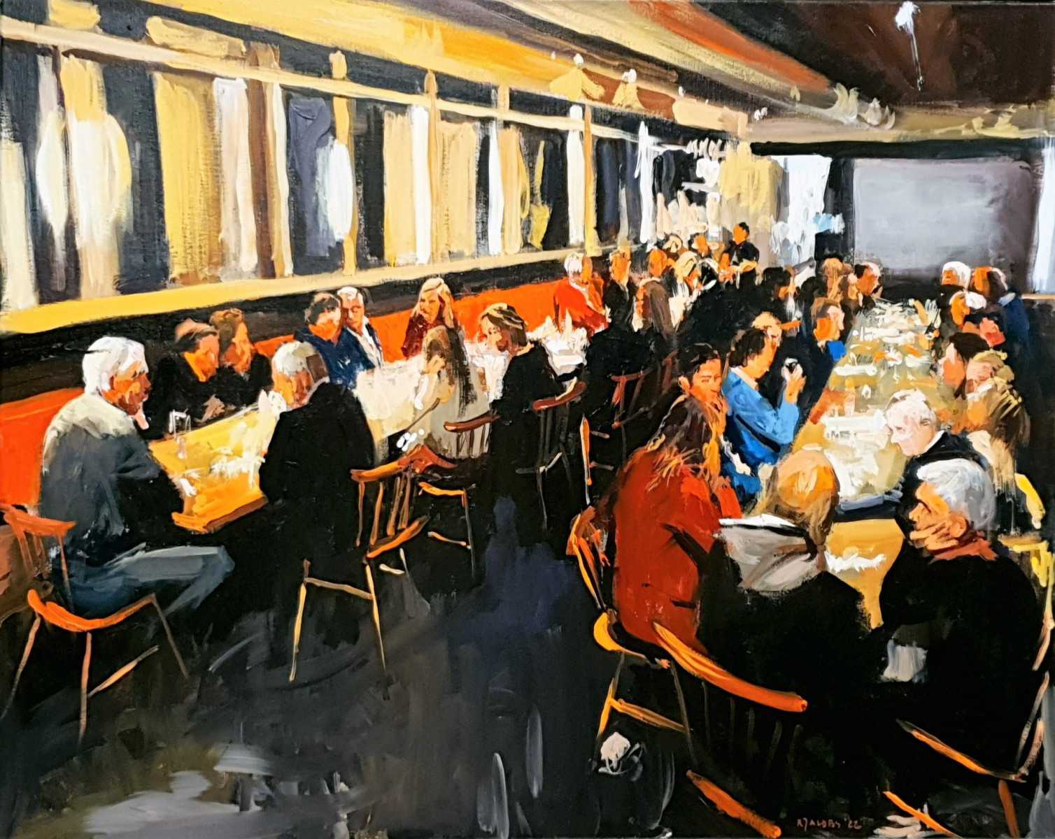 Ervaar een culinaire ervaring tijdens het diner in Amsterdam, Noord-Holland, terwijl Rob Jacobs zijn schilderkunsten toont op een doek van 80x100cm.