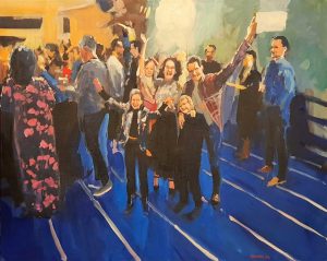 Beleef de gezelligheid van het familiefeest in Castricum, Noord-Holland, terwijl Rob Jacobs schildert op een doek van 80x100cm.