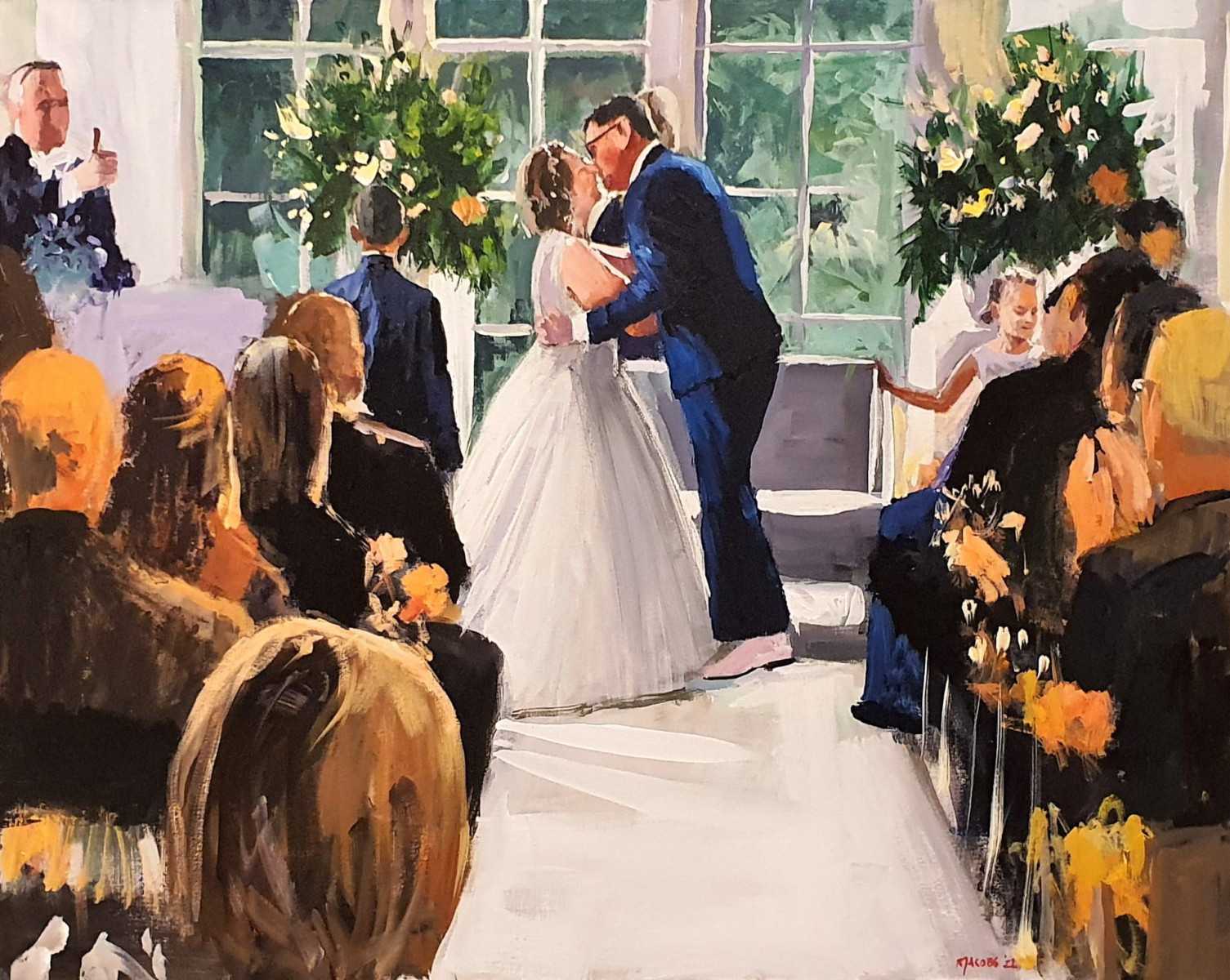 Geniet van de liefdevolle momenten terwijl Rob Jacobs live schildert tijdens de betoverende trouwceremonie in Zeist.