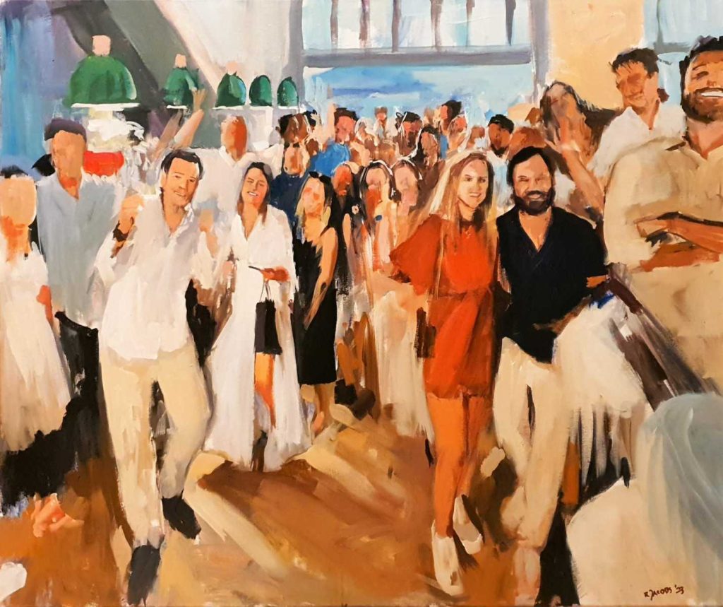 Rob Jacobs schildert live tijdens een bijeenkomst in Den Haag op een doek van 100x120cm