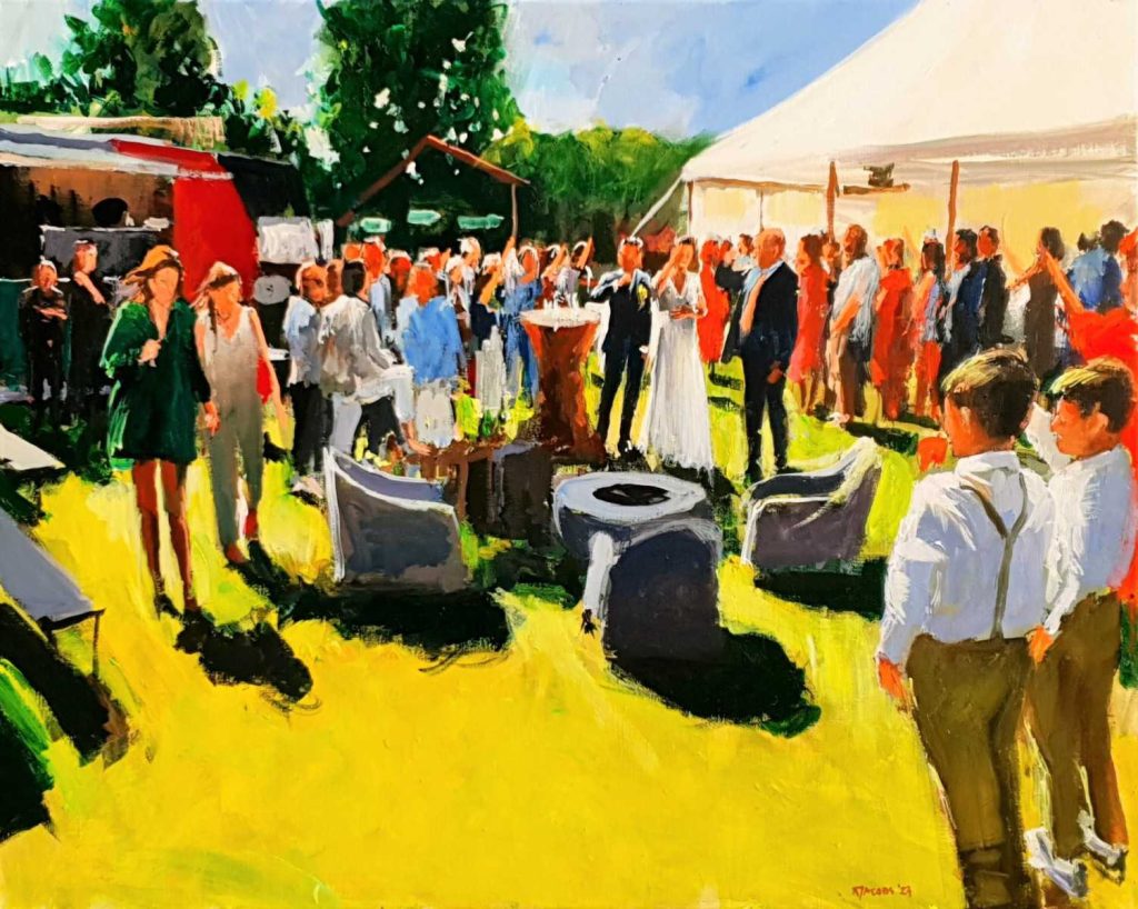 Rob Jacobs schildert live op een doek van 80x100cm tijdens de buiten bruiloft in Oirschot, Noord-Brabant.