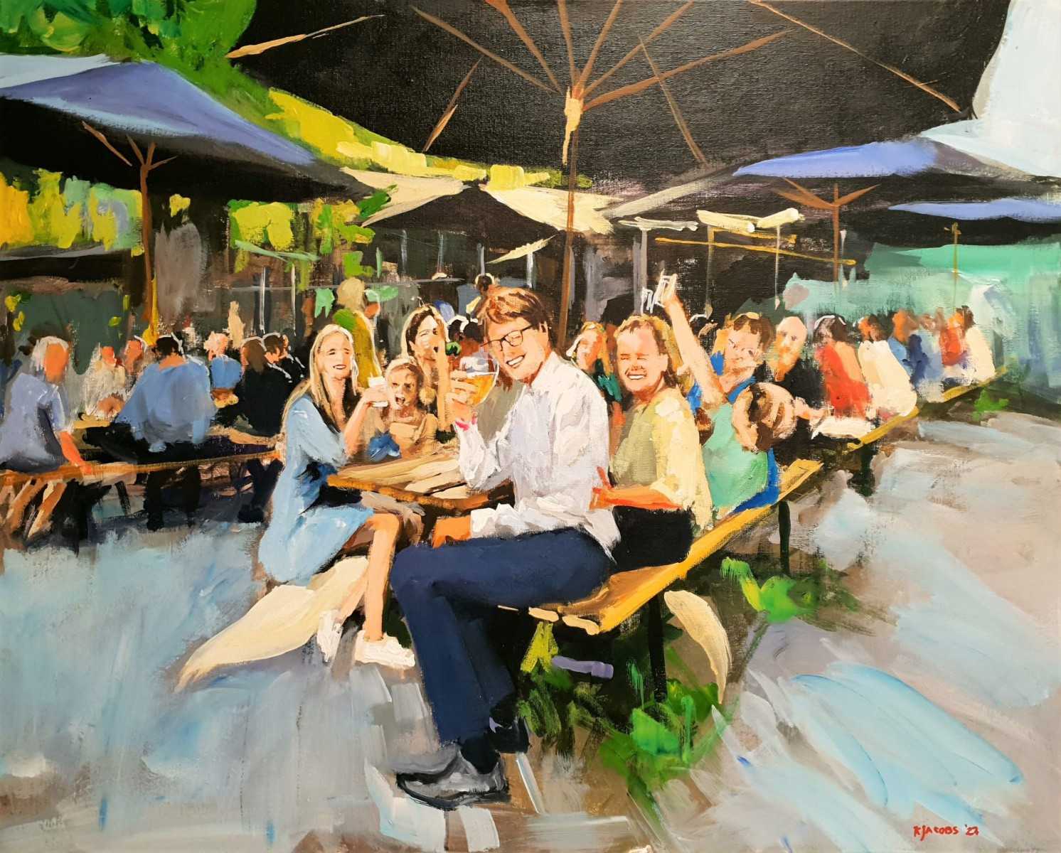 Rob Jacobs schildert live tijdens een feest in Rotterdam op een doek van 80x100cm