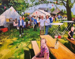Rob Jacobs schildert live op een doek van 80x100cm tijdens de gezellige bijeenkomst in Groot Ammers, Zuid-Holland.
