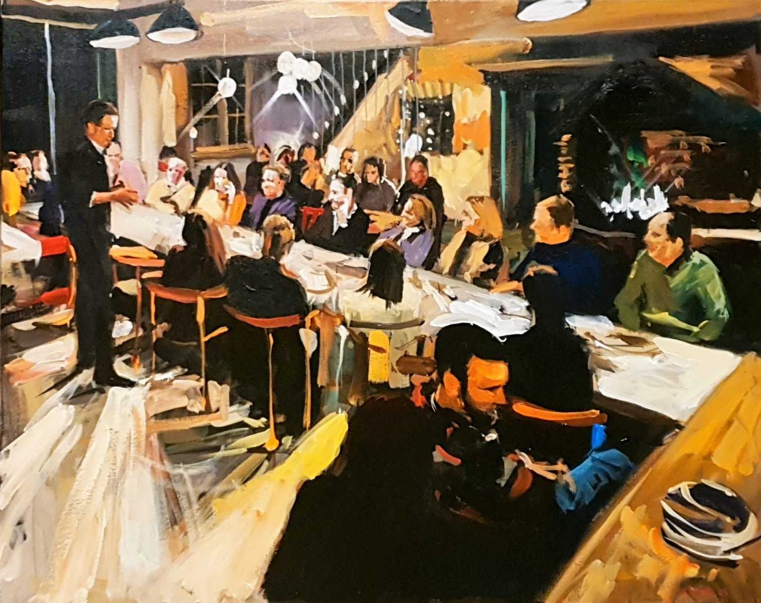Duik in de culinaire wereld terwijl Rob Jacobs live schildert tijdens het gezellige etentje in Wortel, Antwerpen.