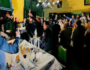 Proost op het leven terwijl Rob Jacobs live schildert tijdens de feestelijke toost in Utrecht, Utrecht.