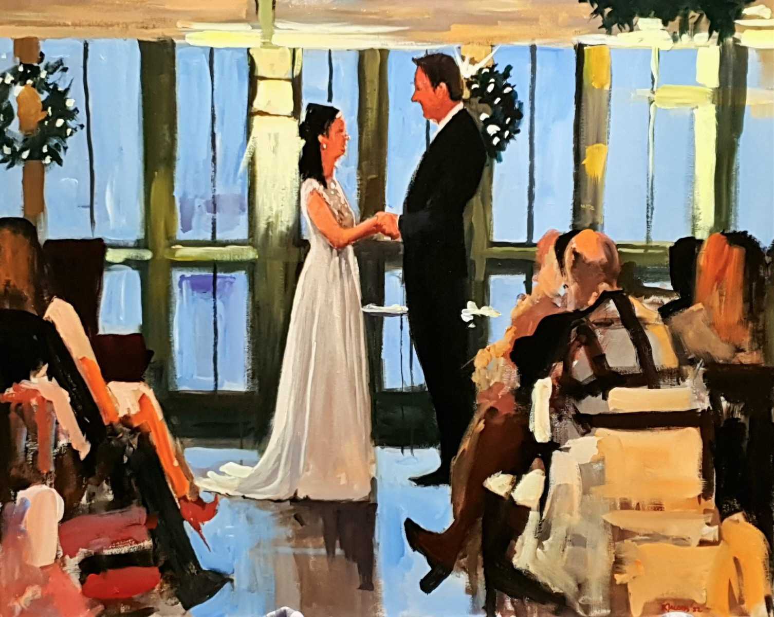 Rob Jacobs schildert live tijdens een romantische trouwceremonie bij Kasteel Engelenburg in Brummen, Gelderland.
