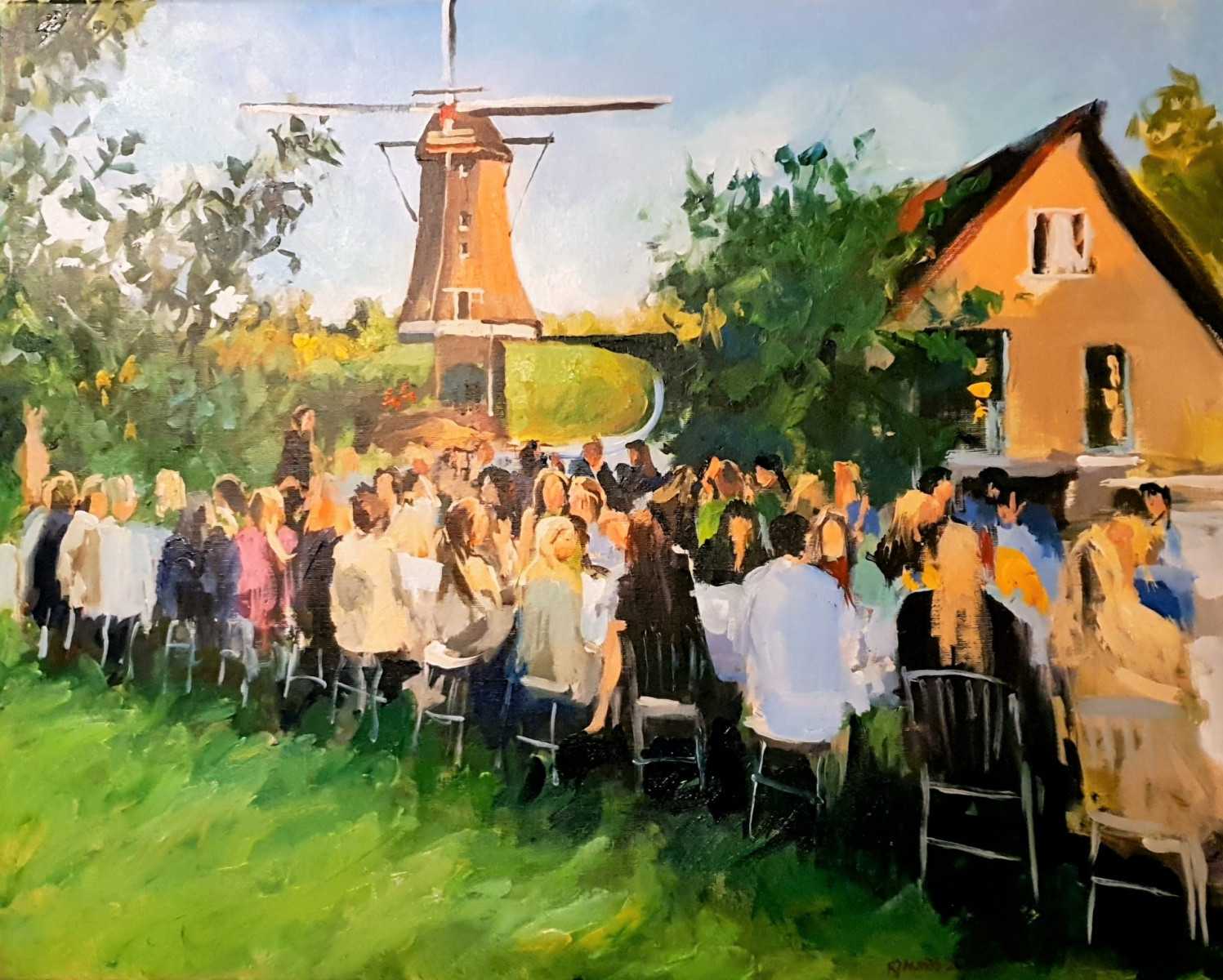 Rob Jacobs schildert live tijdens Alix's bruiloft in Kasteel Rijnstaterwoude op een doek van 80x100cm